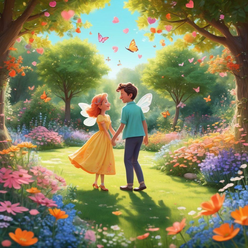 A playful scene depicting a whimsical couple in a vibrant garden, surrounded by enchanting flowers and floating hearts. Include soft pastel colors, charming details like butterflies and fairies, and an element of humor, such as a quirky animal mascot observing them. The couple should be immersed in laughter, showcasing their romance through light-hearted interactions. cartoon style. bright colors. magical atmosphere.