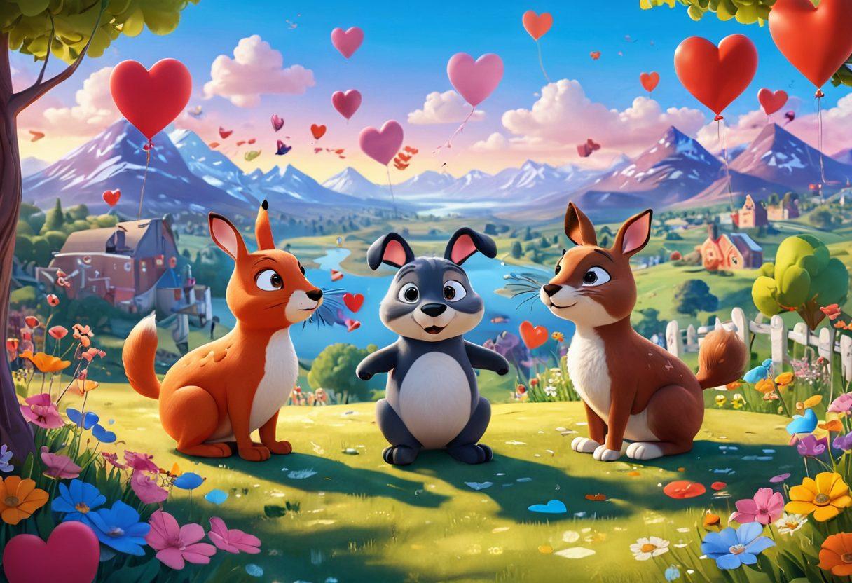 A colorful and playful animated scene depicting two quirky characters in a comedic love story, surrounded by whimsical elements like oversized hearts and humorous love notes. The background features a vibrant and dreamy landscape, with cheeky animals observing the couple in a funny way. The overall atmosphere is light-hearted and joyful, capturing the essence of affectionate humor. cartoon style. vibrant colors. 3D.