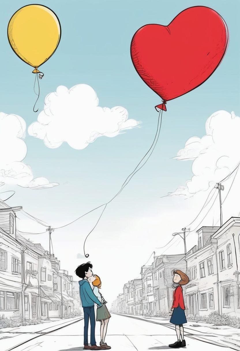 A whimsical comic strip featuring vibrant, exaggerated characters in humorous situations, intertwined with romantic themes like a couple tangled in oversized love letters or chasing after a flying heart balloon. The sketches should have playful expressions and comedic antics, showcasing the irony and joy of love stories. Bright colors and dynamic lines to enhance the lighthearted feel. cartoon style. vibrant colors. white background.